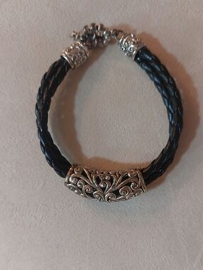 Black Braided Leather Bracelet with Ornate Silver Accent